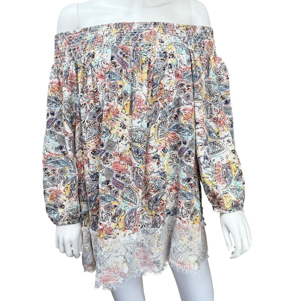 Chelsea & Theodore Off-Shoulder Paisley Print Tunic Top w/ Lace Hem Womens 1X